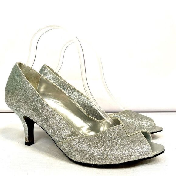 SILVER PEEP TOE 3” KITTEN HEEL DANCE FLEX S-8.5W - Picture 1 of 5